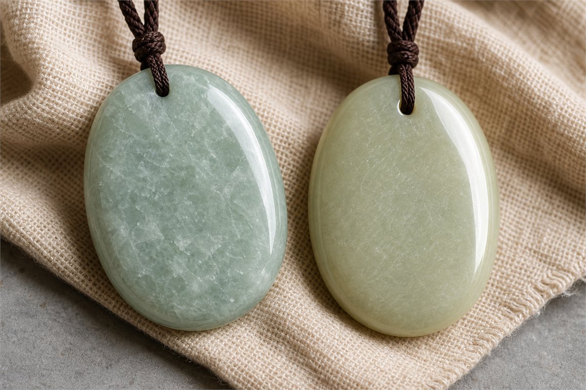Close view of a pale green jadeite pendant and creamy nephrite pendant with different surface lusters