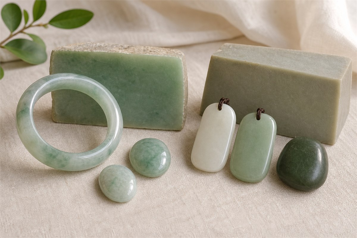 Pale green jadeite bangle and cabochons beside white, celadon, and dark green nephrite pendants and cut slabs