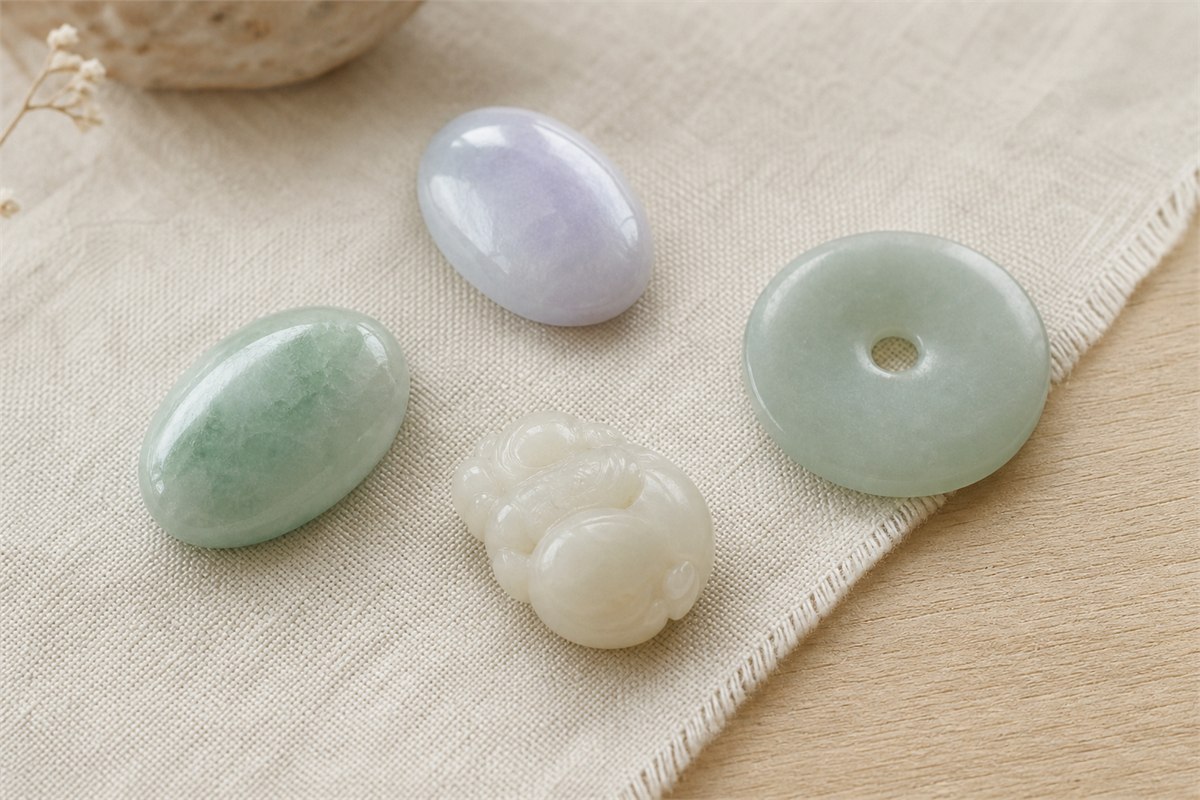 Four jade pieces showing pale green and lavender jadeite with white and celadon nephrite