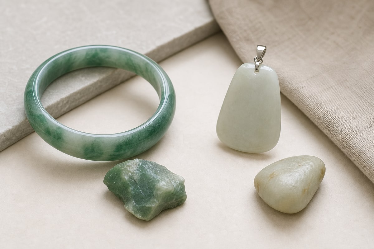 Green jadeite bangle and rough sample beside a creamy nephrite pendant and river-worn pebble