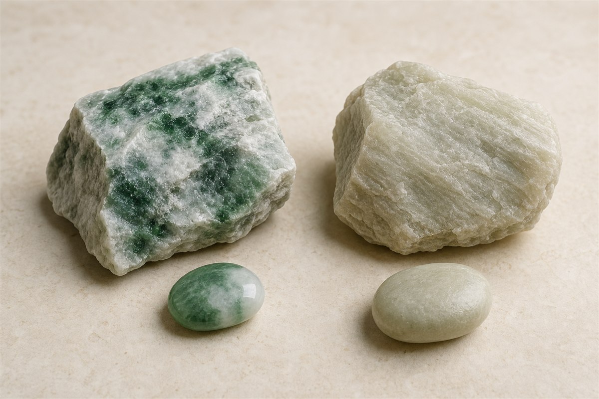 Jadeite and nephrite specimens shown side by side with distinct granular and fibrous textures