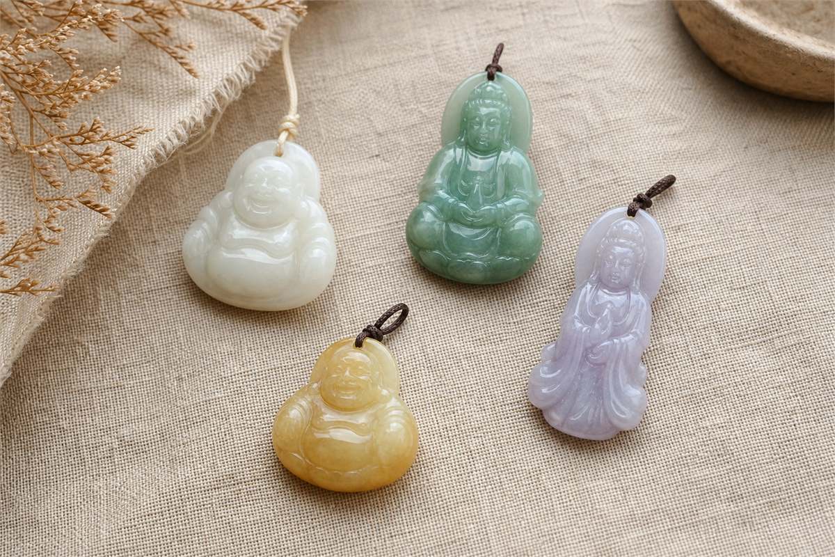 Four jade pendants in creamy nephrite, green jadeite, lavender jadeite, and warm yellow jadeite