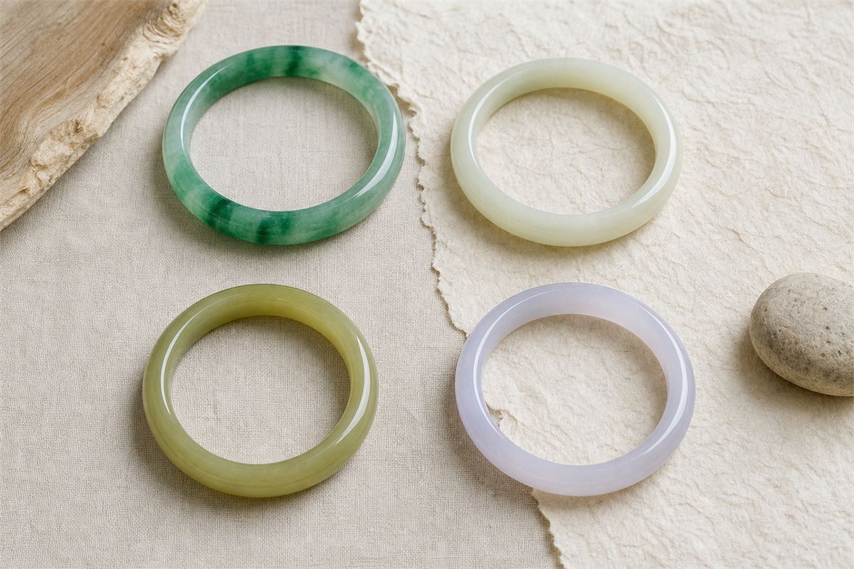 Four distinct bangles in green jadeite, pale nephrite, yellow-green Xiuyan jade, and lavender chalcedony