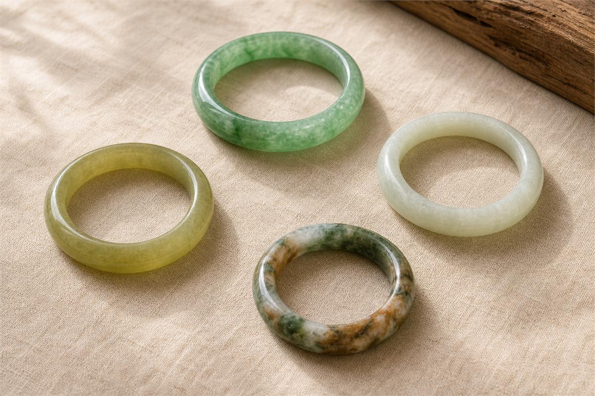 Jadeite, nephrite, Xiuyan jade, and Dushan jade bangles displayed separately.