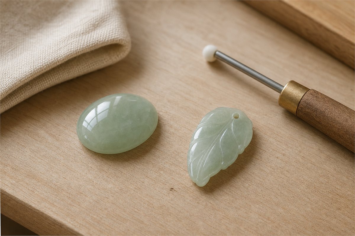 Polished jadeite cabochon and carved leaf pendant showing smooth surfaces and balanced proportions