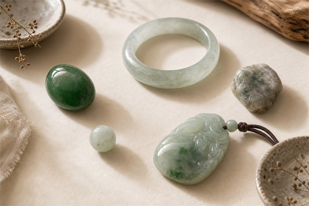 Several jadeite pieces displaying differences in color, transparency, texture, and workmanship