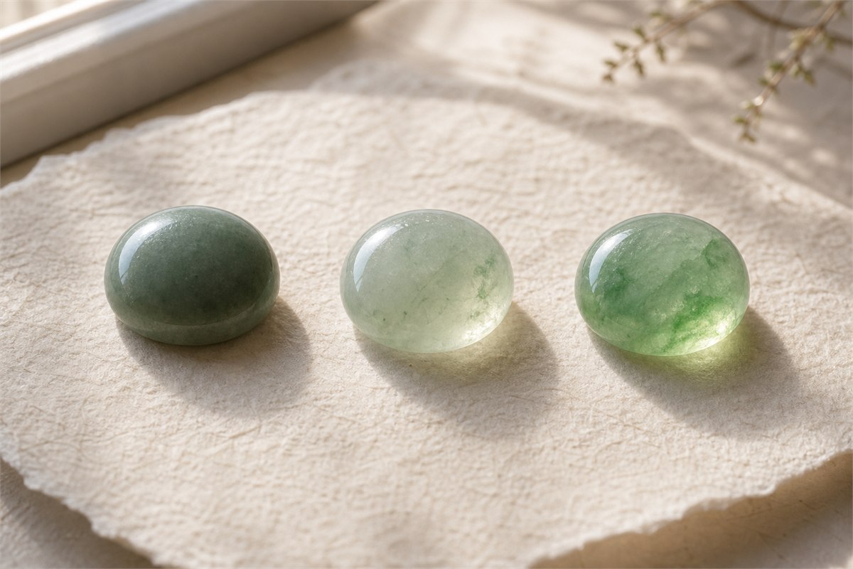 Three jadeite cabochons showing opaque, translucent, and more transparent appearances in daylight