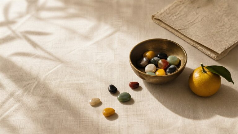 Aged brass bowl with five-color polished stones, citrus fruit, ivory linen and handmade paper