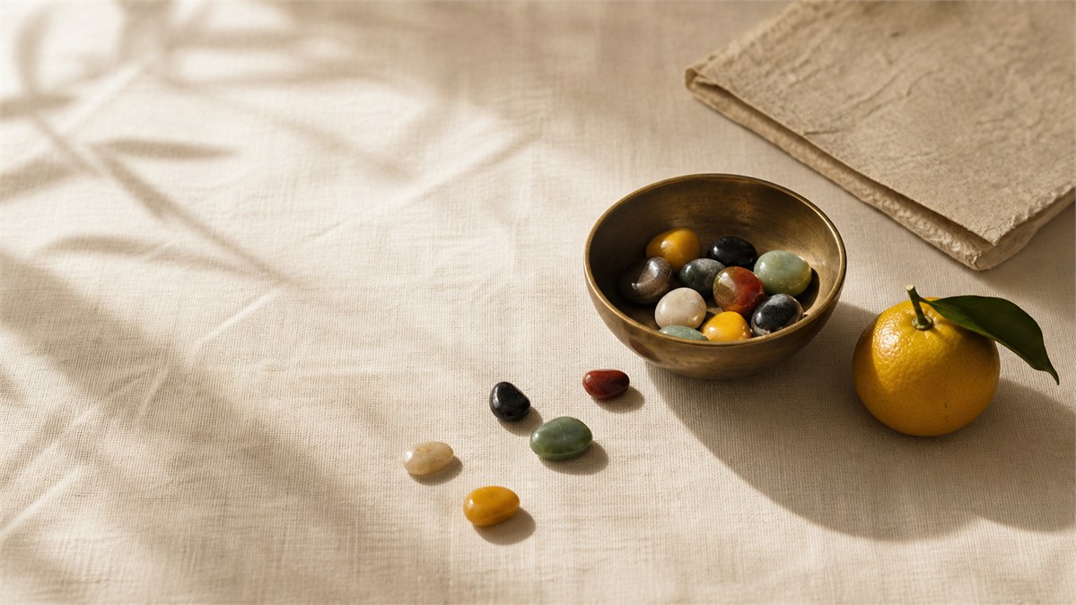 Aged brass bowl with five-color polished stones, citrus fruit, ivory linen and handmade paper