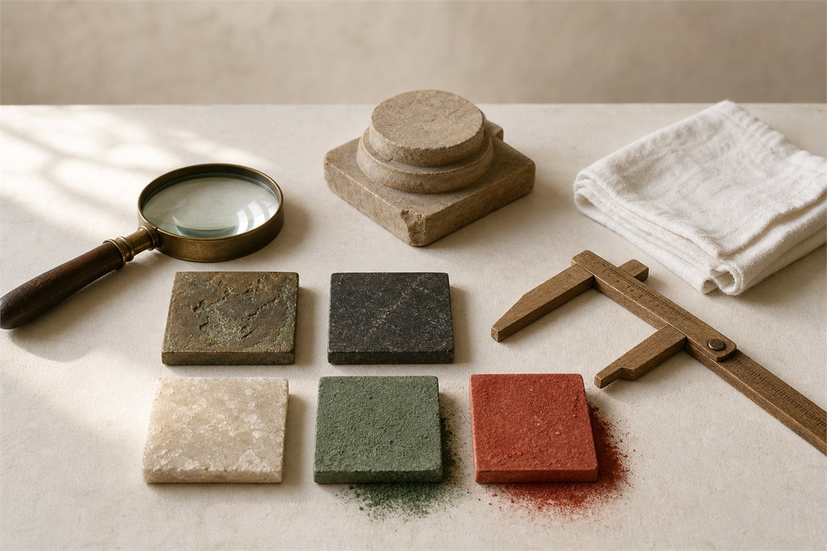 Magnifying glass, five material study tiles, cotton cloth and wooden caliper on an ivory worktable