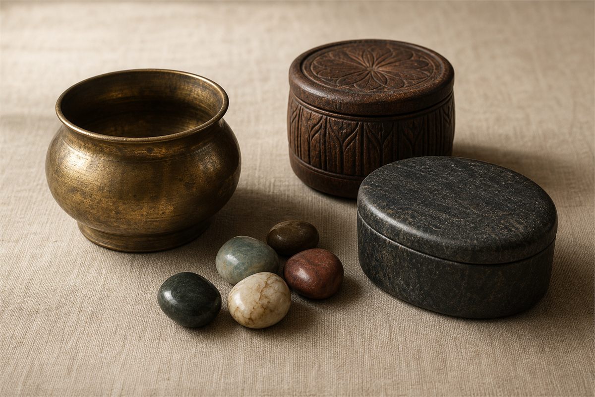 Separate brass, carved wood and dark stone vessels with overlapping shadows and polished stones