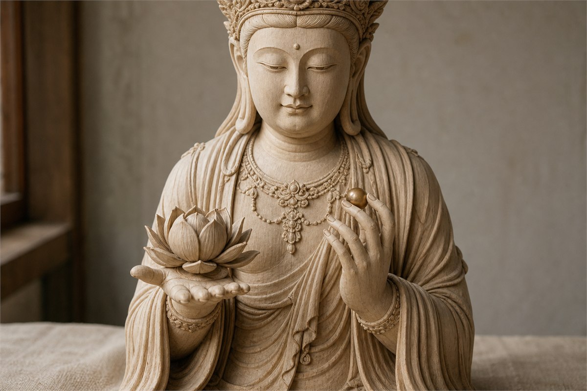 Carved bodhisattva hands separately holding a jewel and supporting a lotus