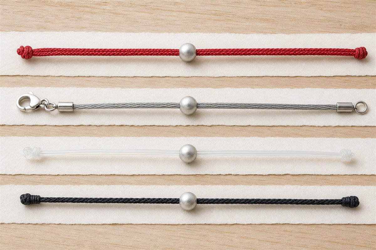 Four bead stringing samples using red braided cord, coated steel wire, clear elastic, and dark braided line