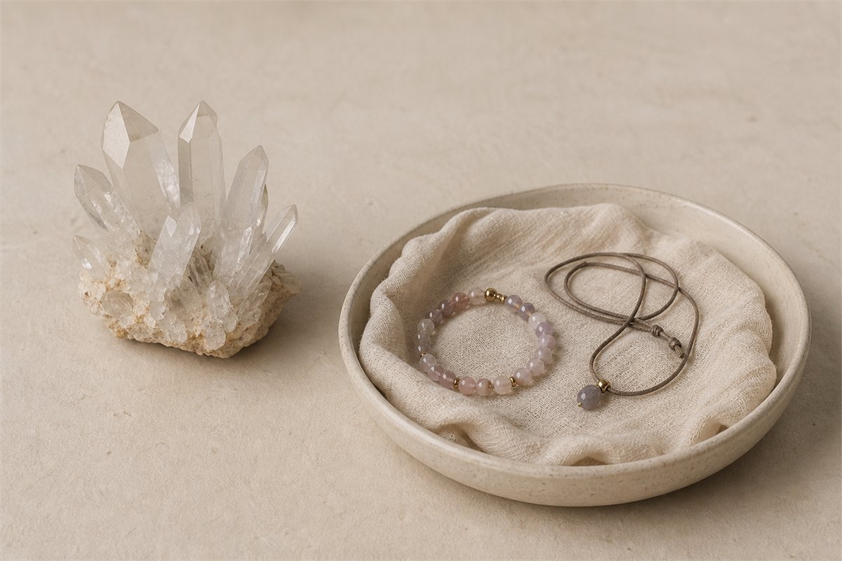 Bracelet and cord necklace resting in a soft-lined ceramic dish beside a quartz cluster