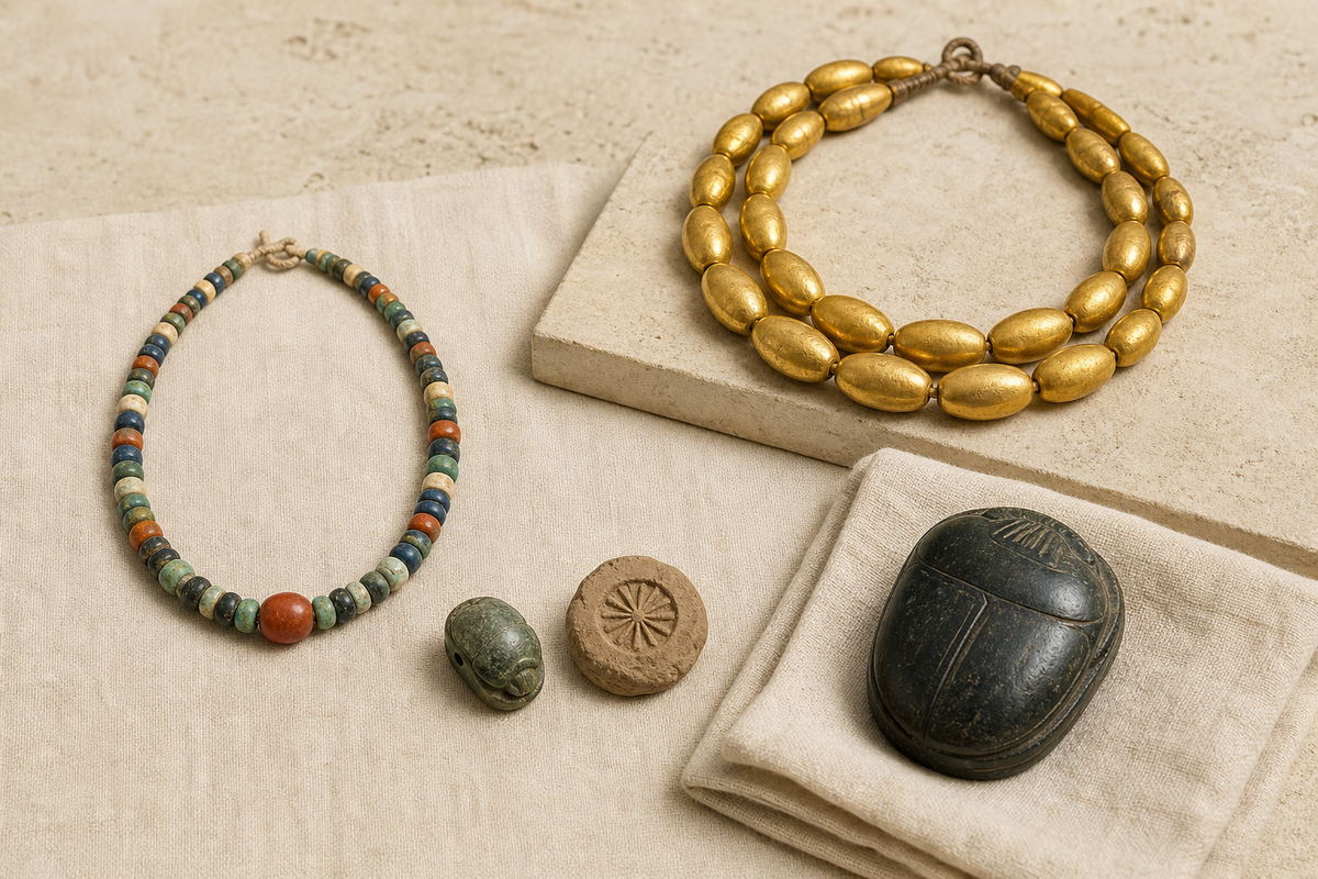 Bead necklace, gold honor necklace, scarab seal with clay impression, and large heart scarab arranged in four groups