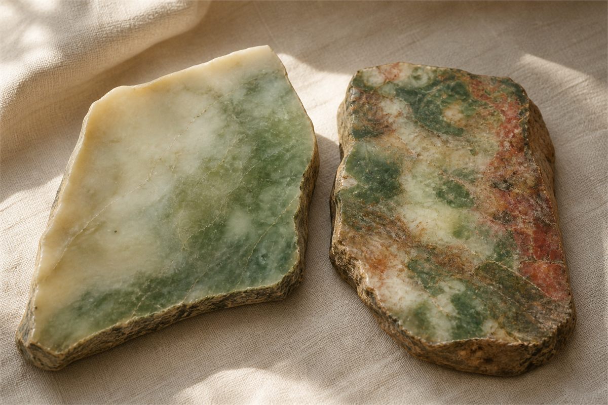 Polished Xiuyan jade slabs with green-cream zoning and multicolor mottling