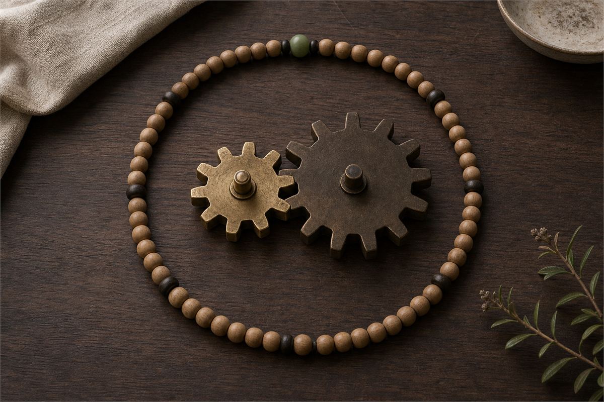 Ten-tooth and twelve-tooth gears inside a circular strand organized into six groups of wooden beads