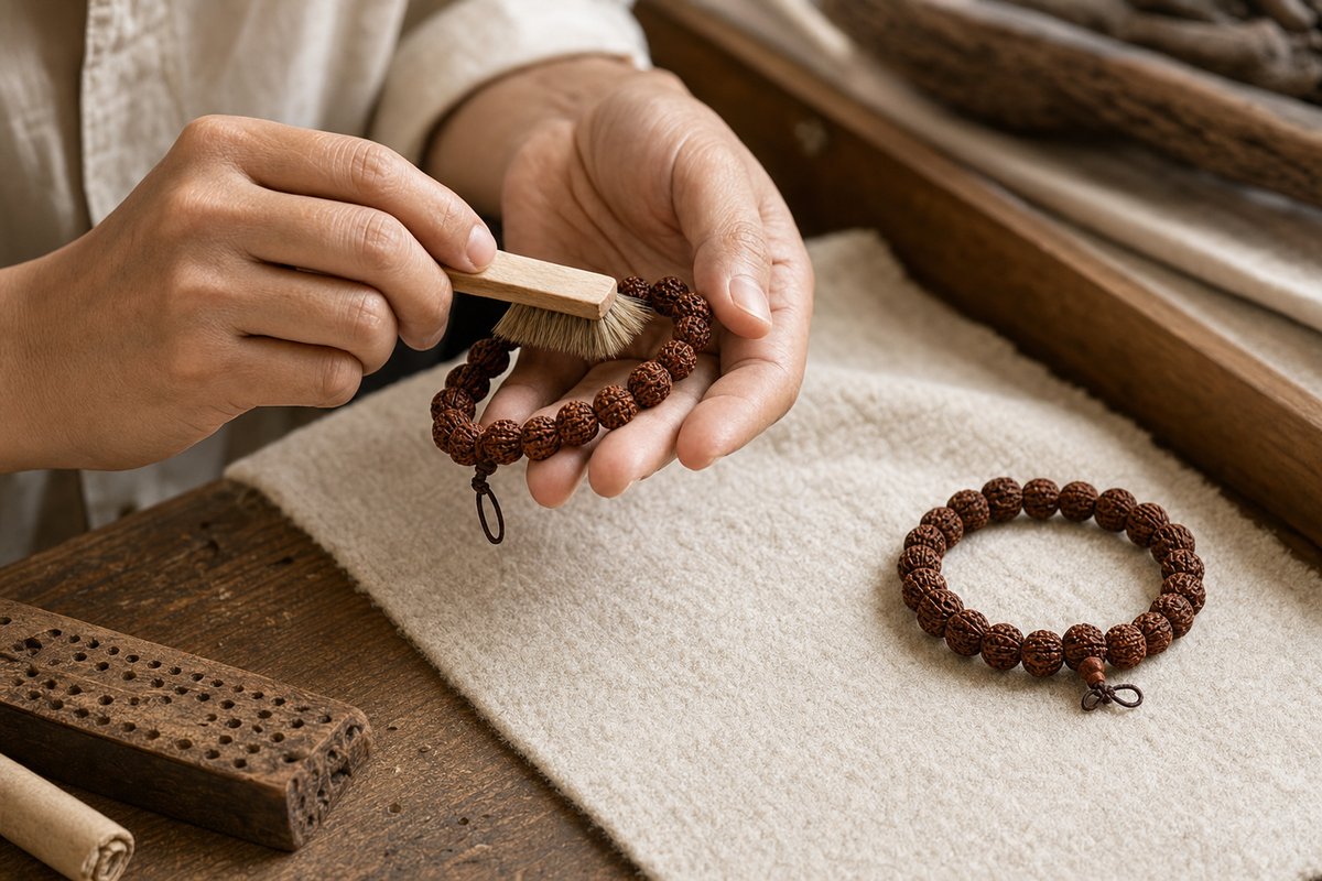 Collector gently brushing a Jingang Bodhi bracelet beside a naturally darkened strand