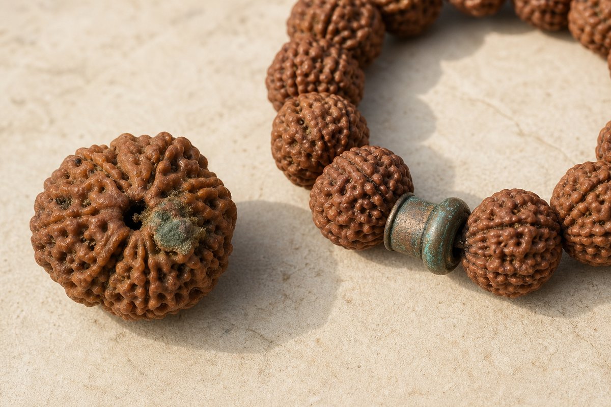 Green-gray mold on a plain Rudraksha bead beside blue-green corrosion on a copper spacer