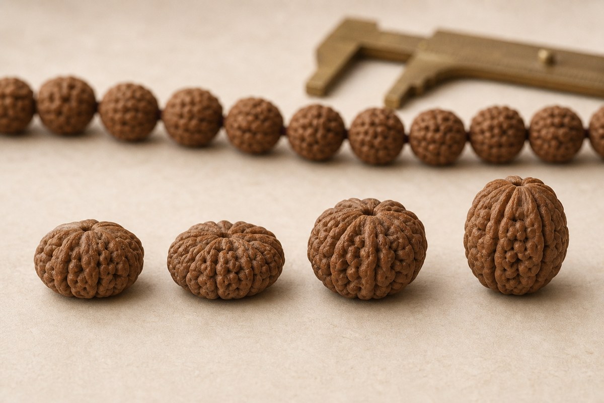 Low, disc-like, squat, and tall Rudraksha bead shapes with a matched strand behind them