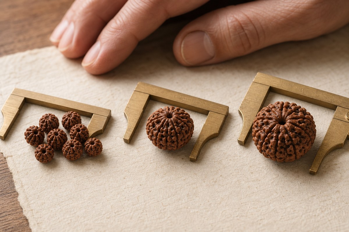 Small Rudraksha beads and separate 18 and 20 millimeter beads beside brass calipers and a hand