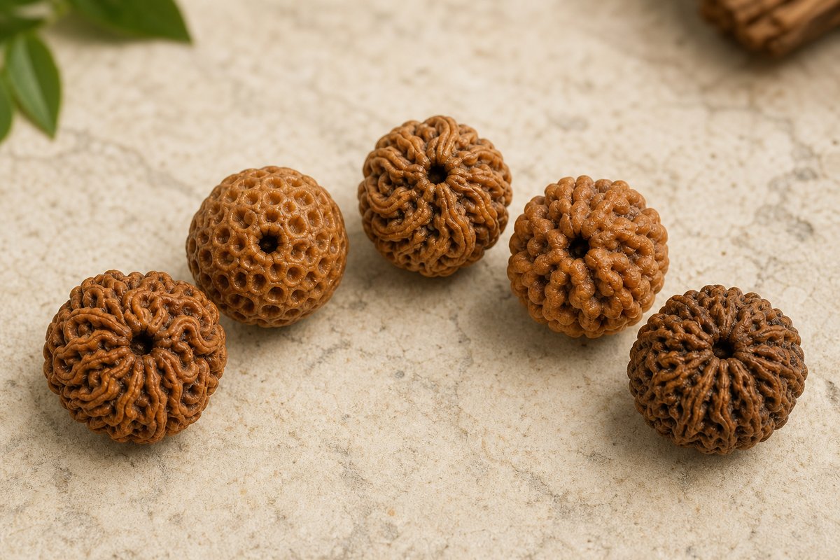 Five Rudraksha endocarps with full-flesh, honeycomb, flowing, connected, and deep dry-groove textures