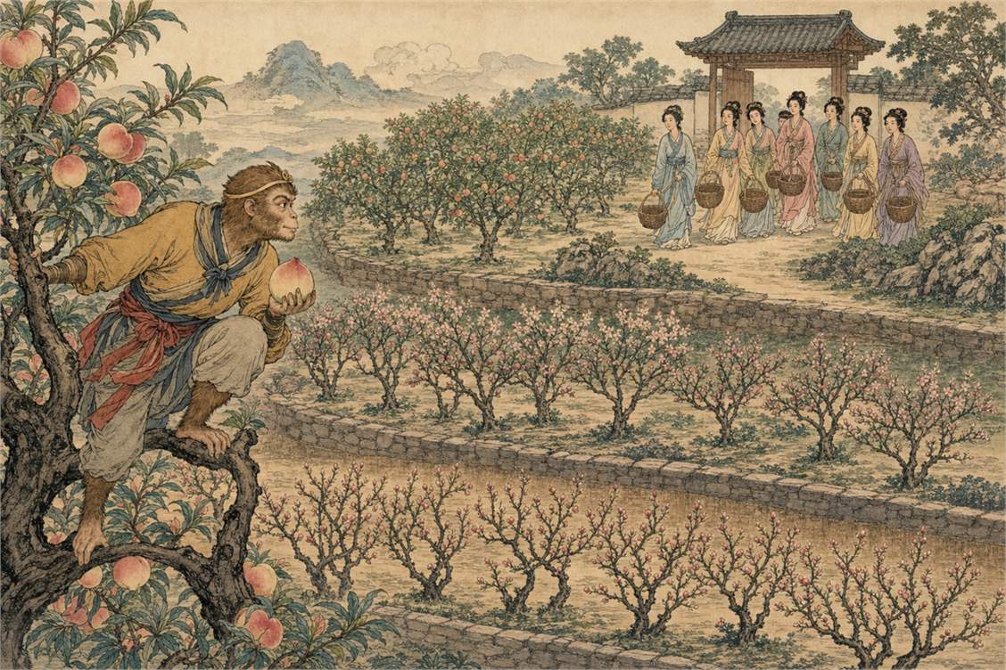 Woodblock-style illustration of Sun Wukong holding a peach in a three-terrace orchard as seven attendants approach with baskets