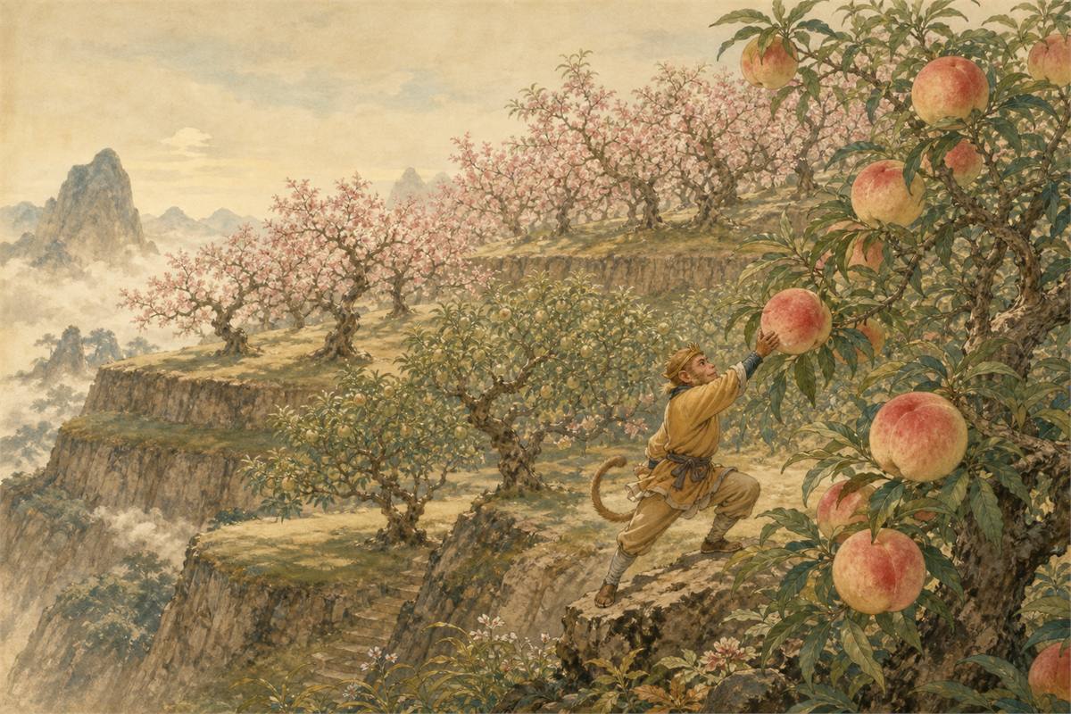 Literary peach orchard on three terraces with blossoms, young fruit, ripe fruit, and a monkey reaching for a peach