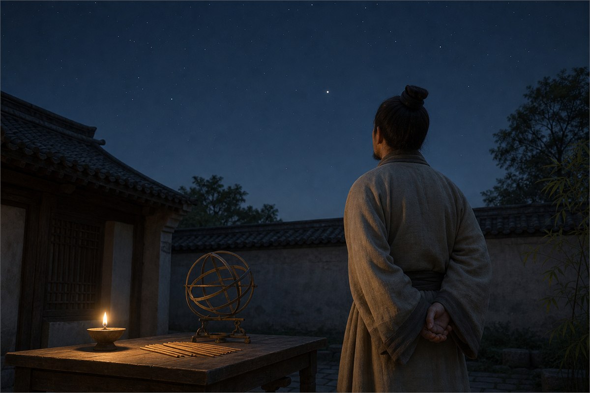 Historical scholar observing a bright planet by eye beside a bronze armillary model and counting rods