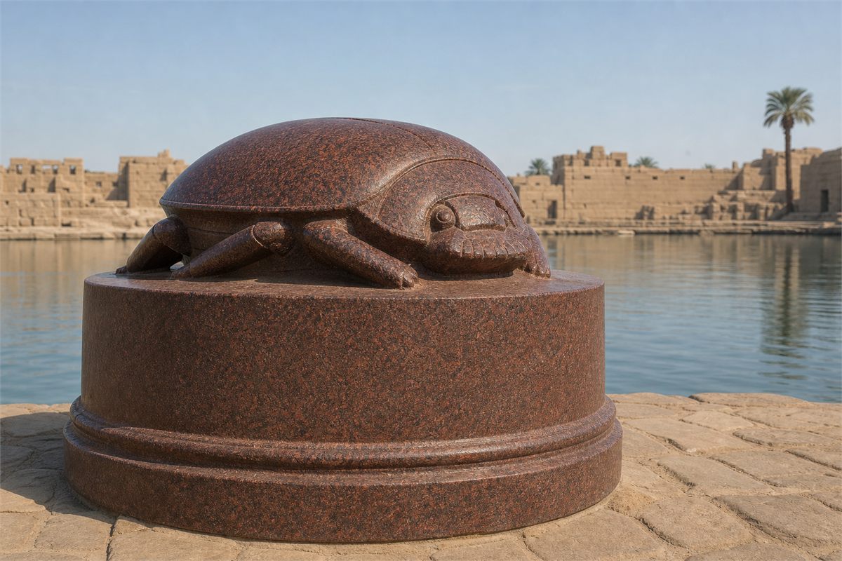 Monumental red granite scarab with tucked legs on a round pedestal beside Karnak's Sacred Lake