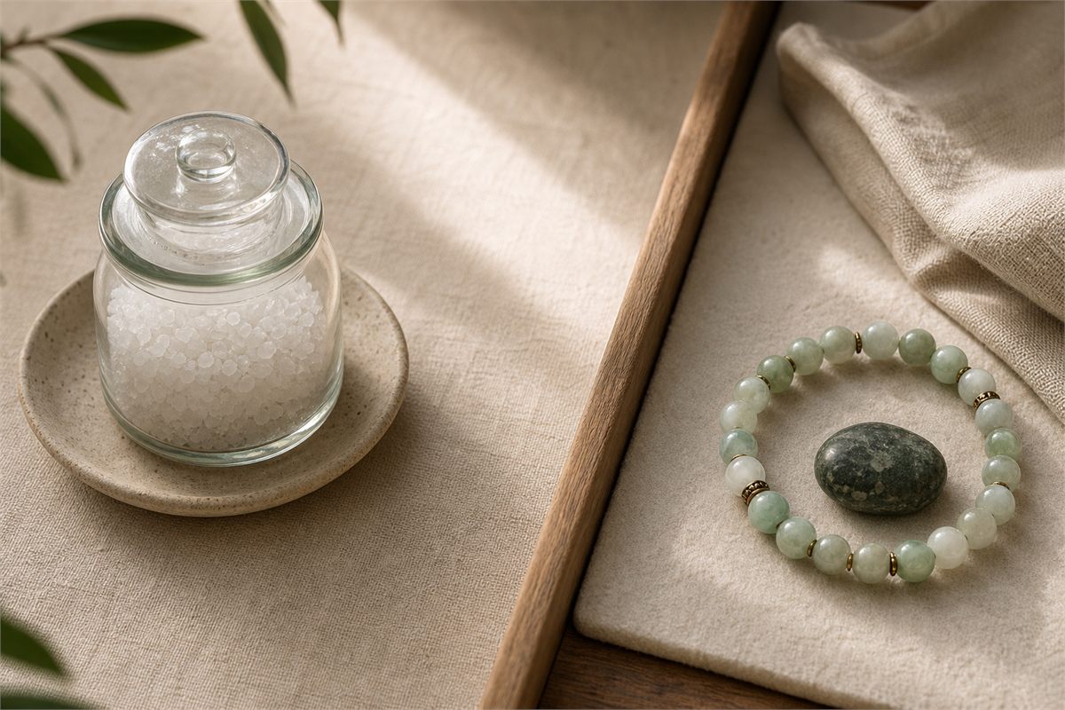 Closed jar of coarse salt separated by a wooden divider from a green bead bracelet and polished stone on a padded tray