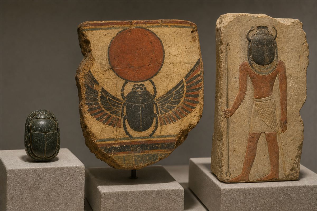 Museum display with a complete scarab, winged scarab beneath a solar disk, and scarab-headed human relief