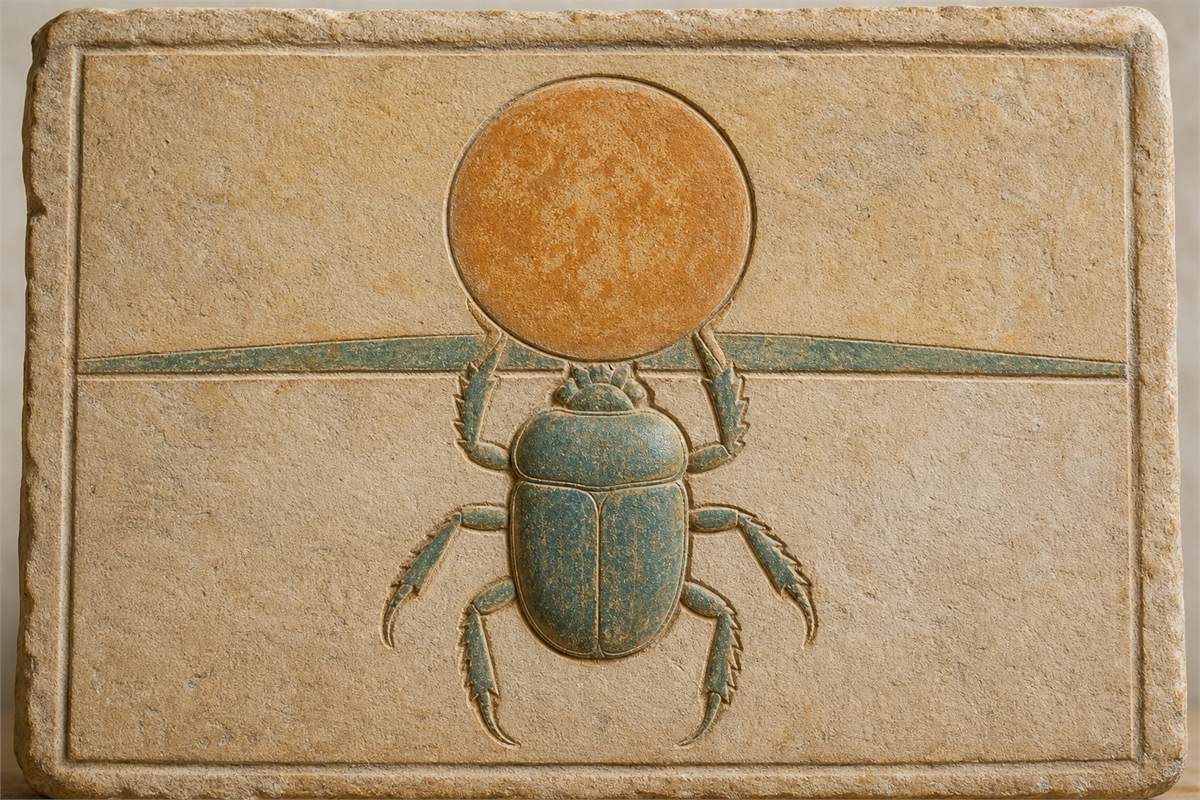 Painted limestone relief of a six-legged scarab supporting a plain solar disk at the horizon