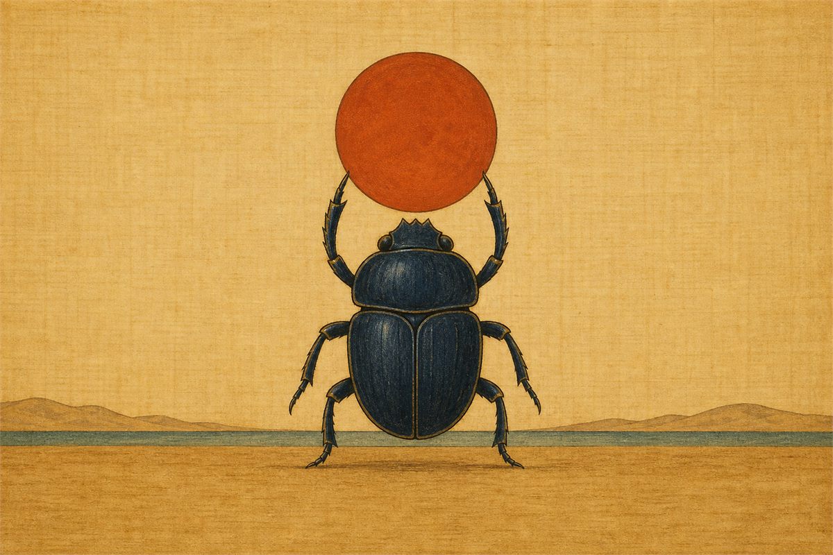 Papyrus-inspired illustration of a six-legged scarab raising a plain morning sun disk.