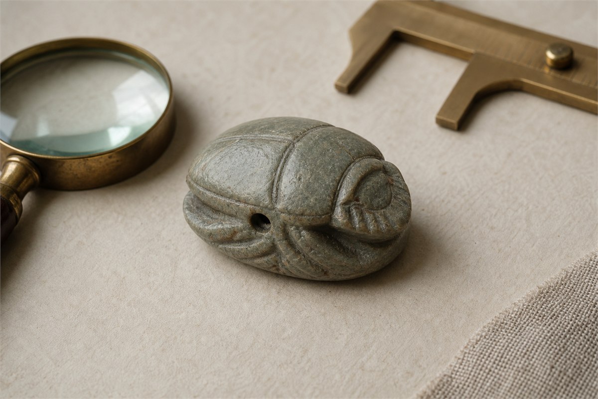 Worn steatite scarab with a magnifying lens and calipers on a museum study surface
