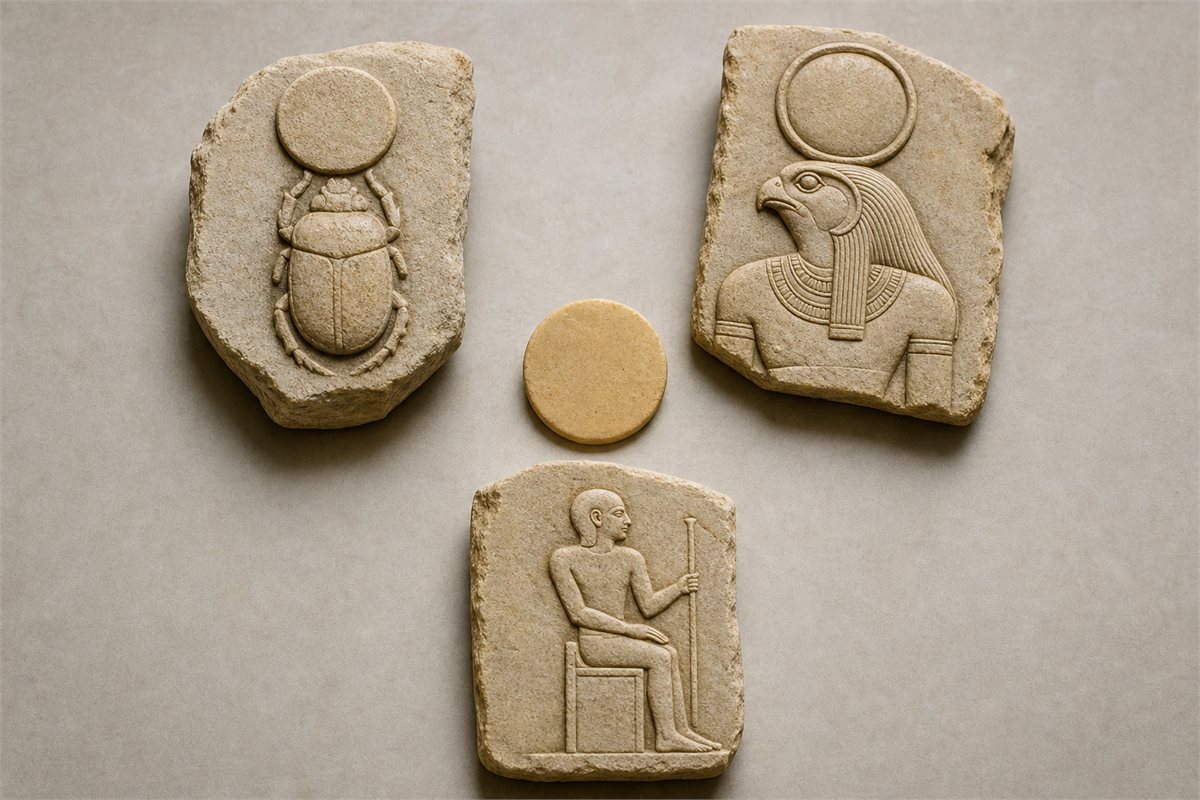 Triangular museum arrangement of a scarab-and-disk relief, falcon-headed solar figure, human creator figure, and plain solar disk