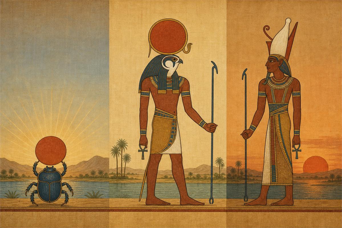 Three-part papyrus illustration of Khepri at dawn, Ra at midday, and Atum at evening.