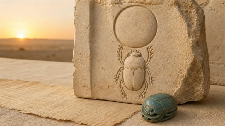 Limestone relief of a scarab beneath a solar disk beside a blue-green faience scarab at dawn