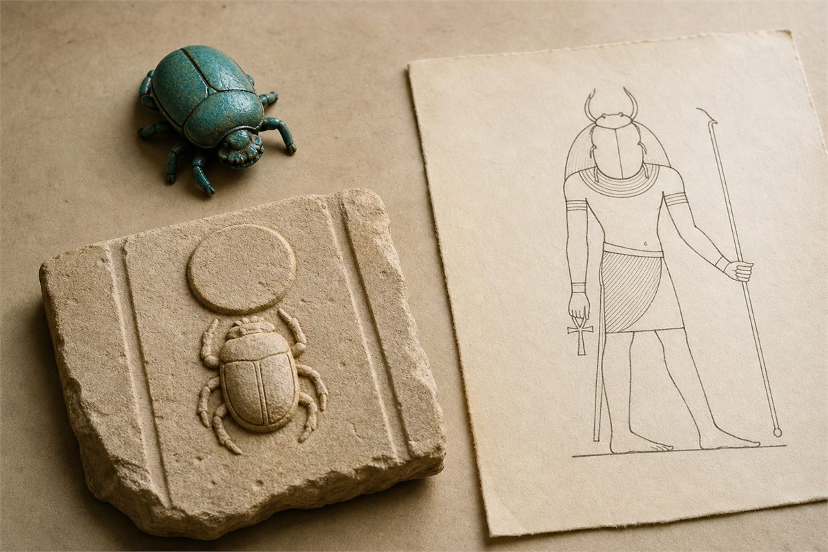 Faience scarab, scarab-and-solar-disk relief, and scarab-headed figure study on a museum table