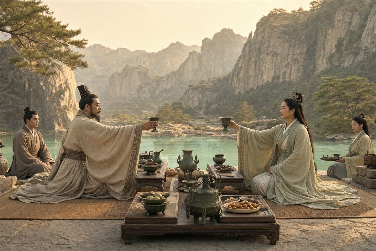 King Mu and Xiwangmu exchange ceremonial cups at a formal mountain banquet beside a jade-colored pond