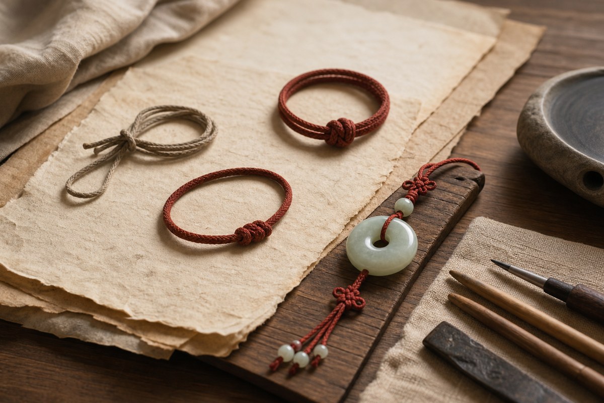 Simple knotted cords beside parchment, seal cord, and jade pendant