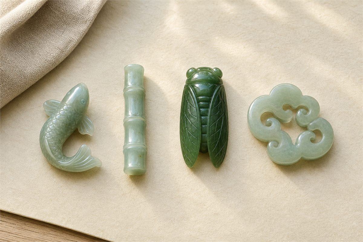 Jade carvings shaped as a koi fish, bamboo joint, cicada, and curling cloud