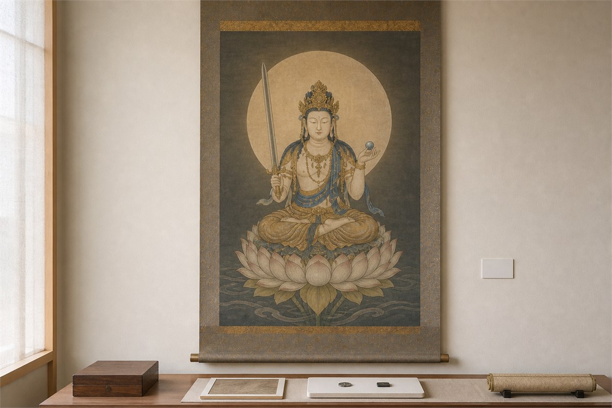 Contemporary Japanese-style hanging scroll study of Kokūzō with jewel, sword, lotus, and moon disk