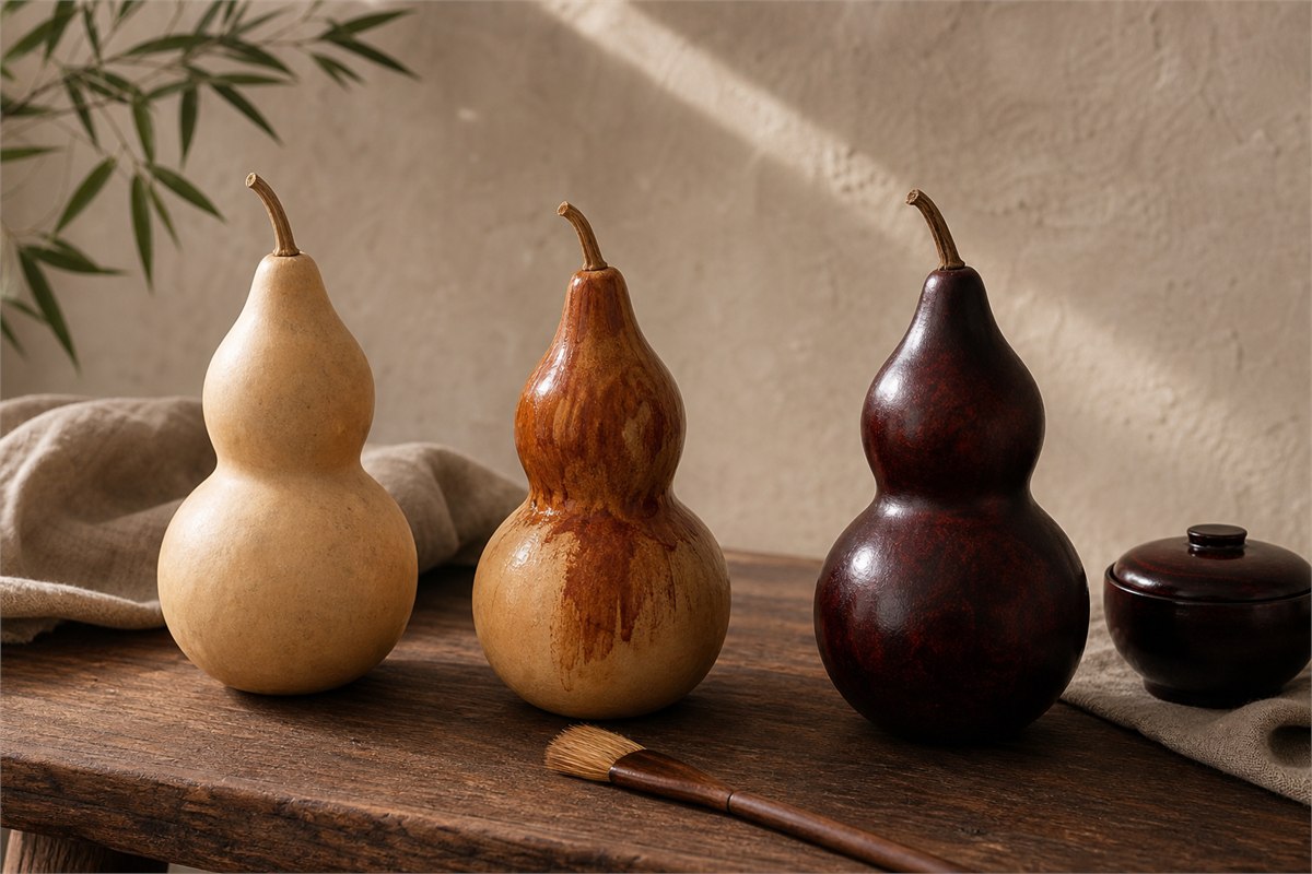 Plain dried gourd, amber-brown lacquer stage, and finished deep burgundy-black lacquered gourd