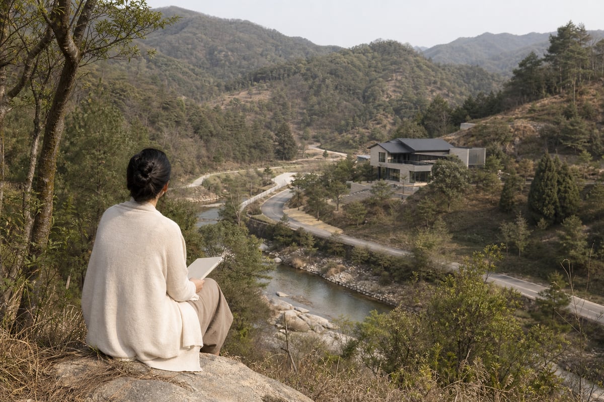 Person overlooking a home set among ridges, trees, a road, and a watercourse