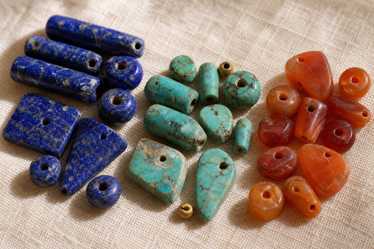 Deep-blue lapis lazuli, blue-green turquoise, and orange-red carnelian beads in three material groups