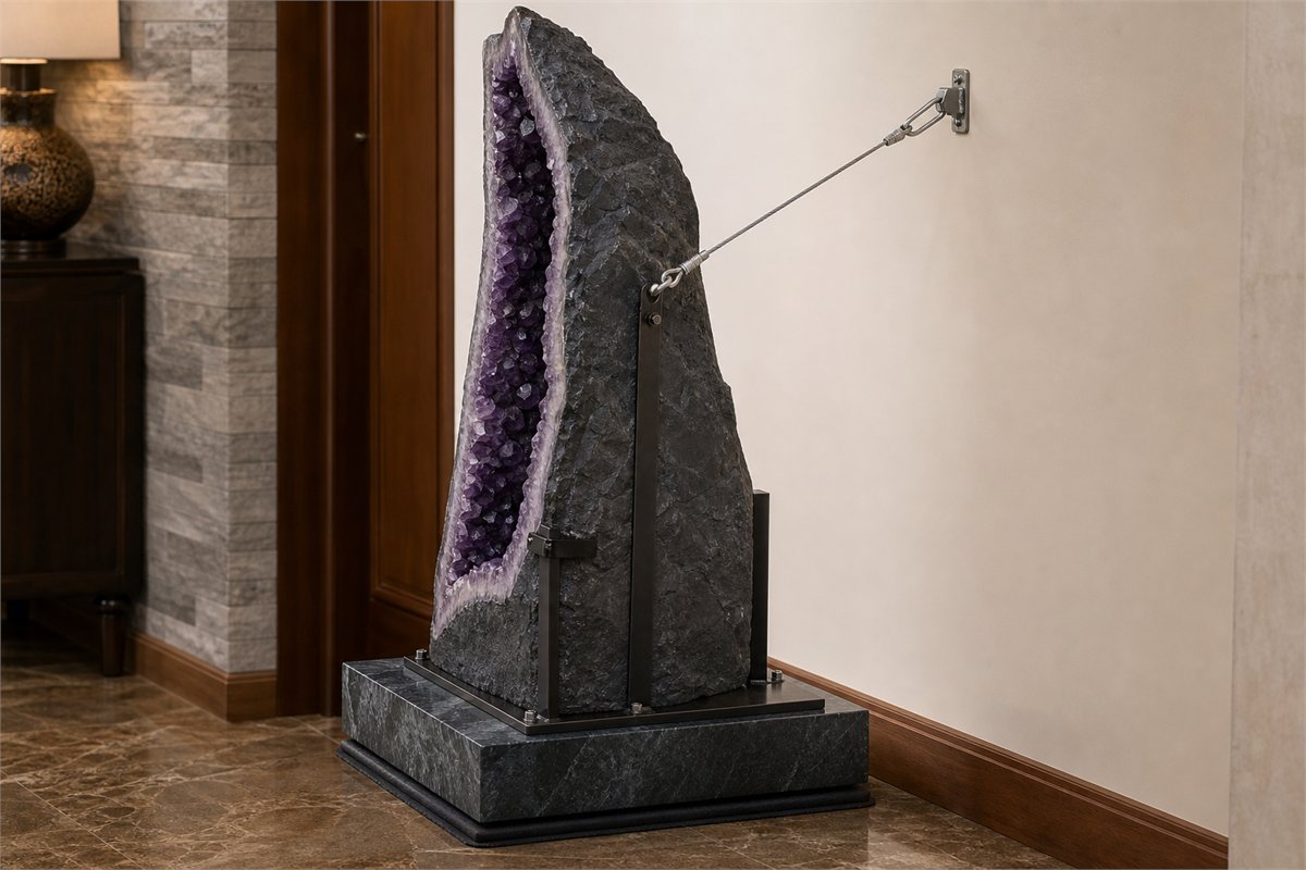 Large amethyst cathedral on a broad base with non-slip pad and wall anti-tip cable