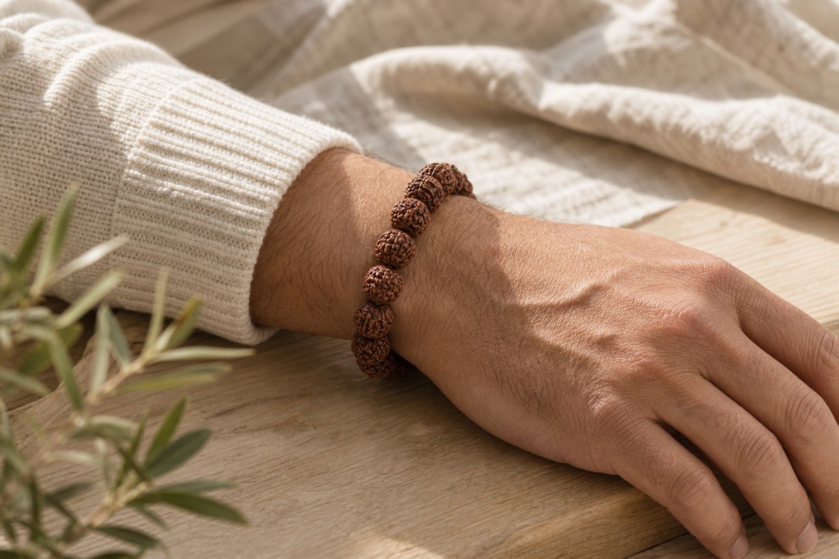 Large brown Rudraksha bracelet with about twelve beads worn on an adult man's wrist