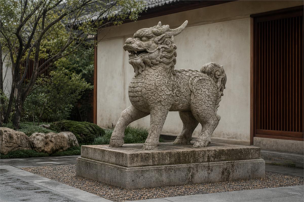 Large weathered limestone Qilin on a broad stable plinth with drainage gravel and path clearance
