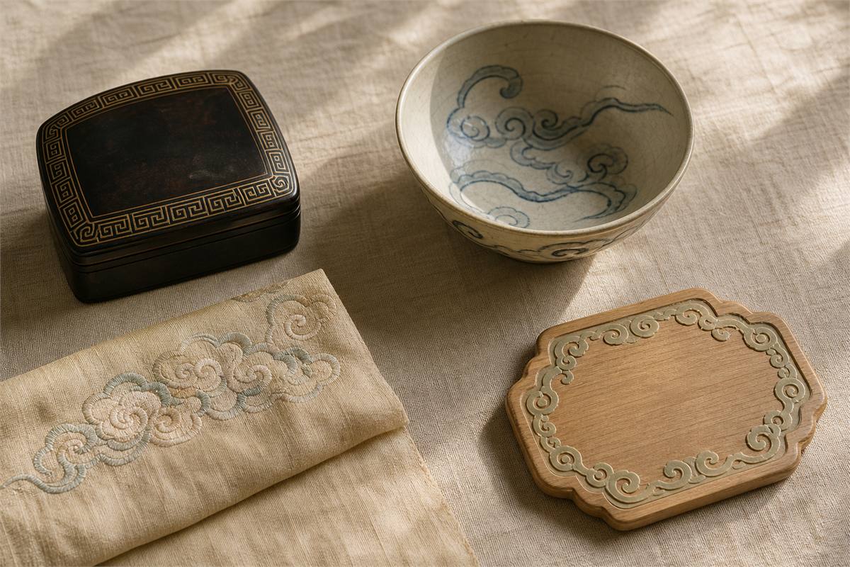 Lacquer box, ceramic bowl, embroidered silk, and carved wood panel with distinct border and cloud patterns